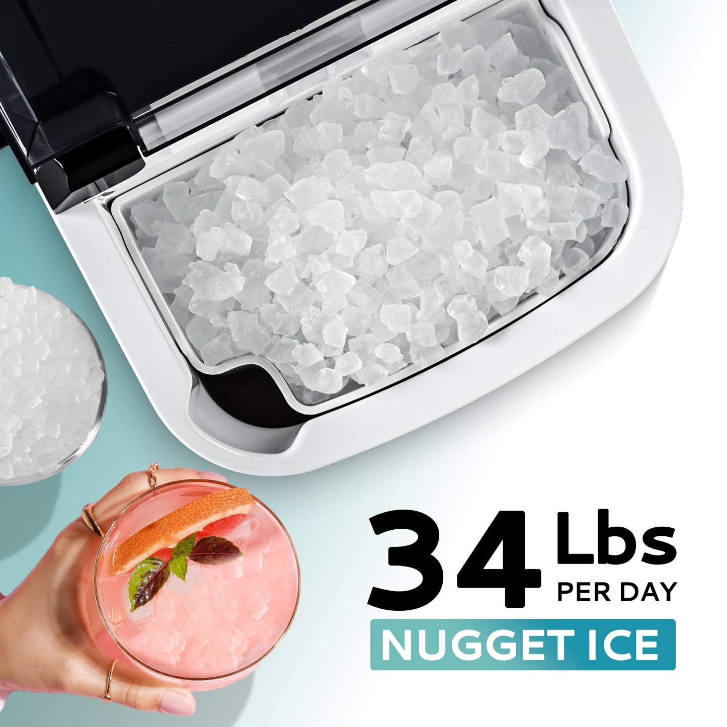 Nugget Ice Maker Countertop with Handle, Ready in 6 Mins, 34lbs Per Day, Removable Top Cover, Auto-Cleaning, Portable Sonic Ice Maker with Basket and Scoop, for Home/Party/RV/Camping (Black)