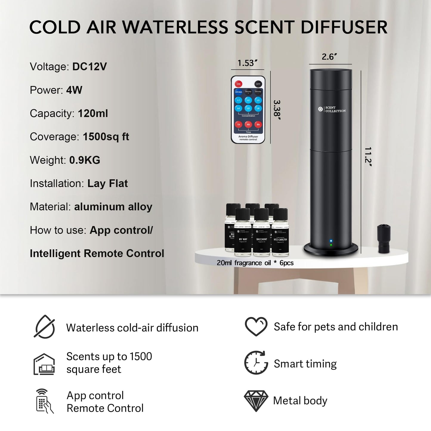 Hotel Waterless Scent Diffuser –Essential Oil Diffuser with 6 Hotel Scents, Aromatherapy Nebulizing No Locked Oil Bottle Diffuser Covers up to 700 Sq Ft, Quiet Fragrance Machine for Home, Spa & Office