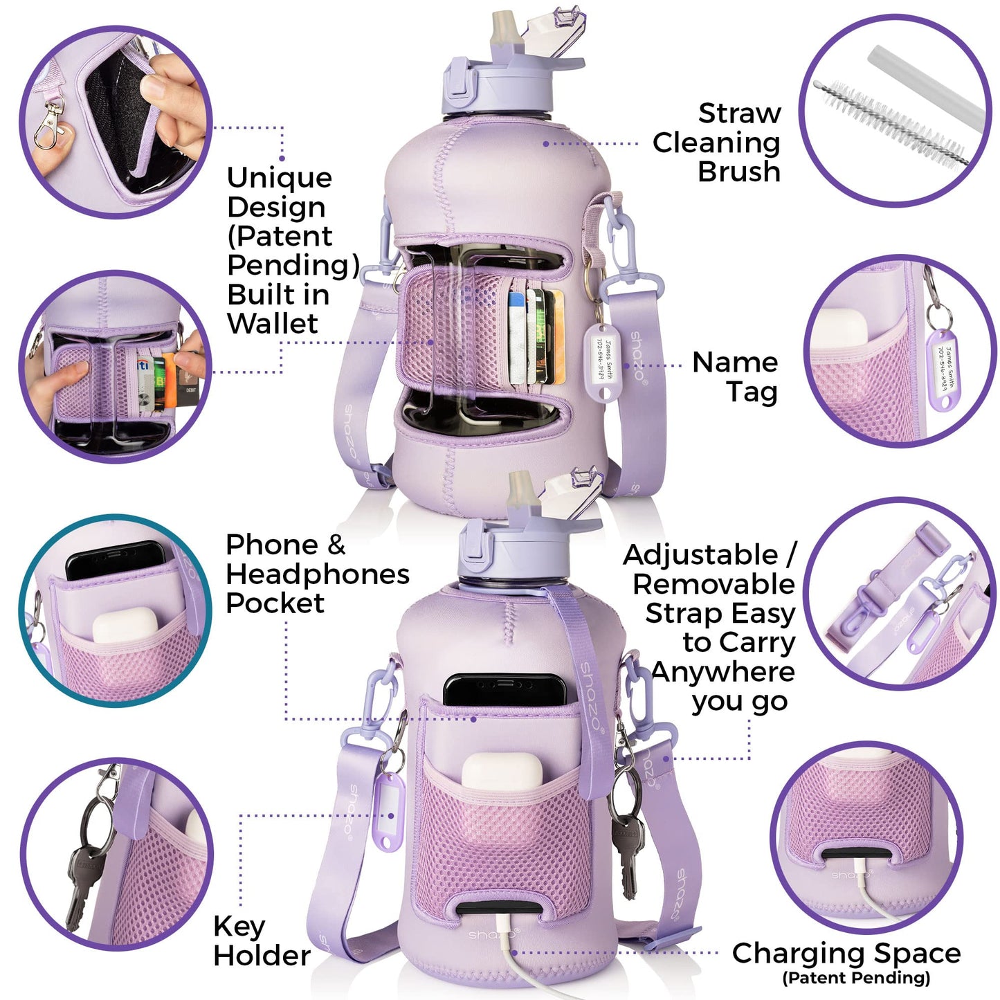 Half Gallon 2.2L Water Bottle With Straw Storage Sleeve 74oz
