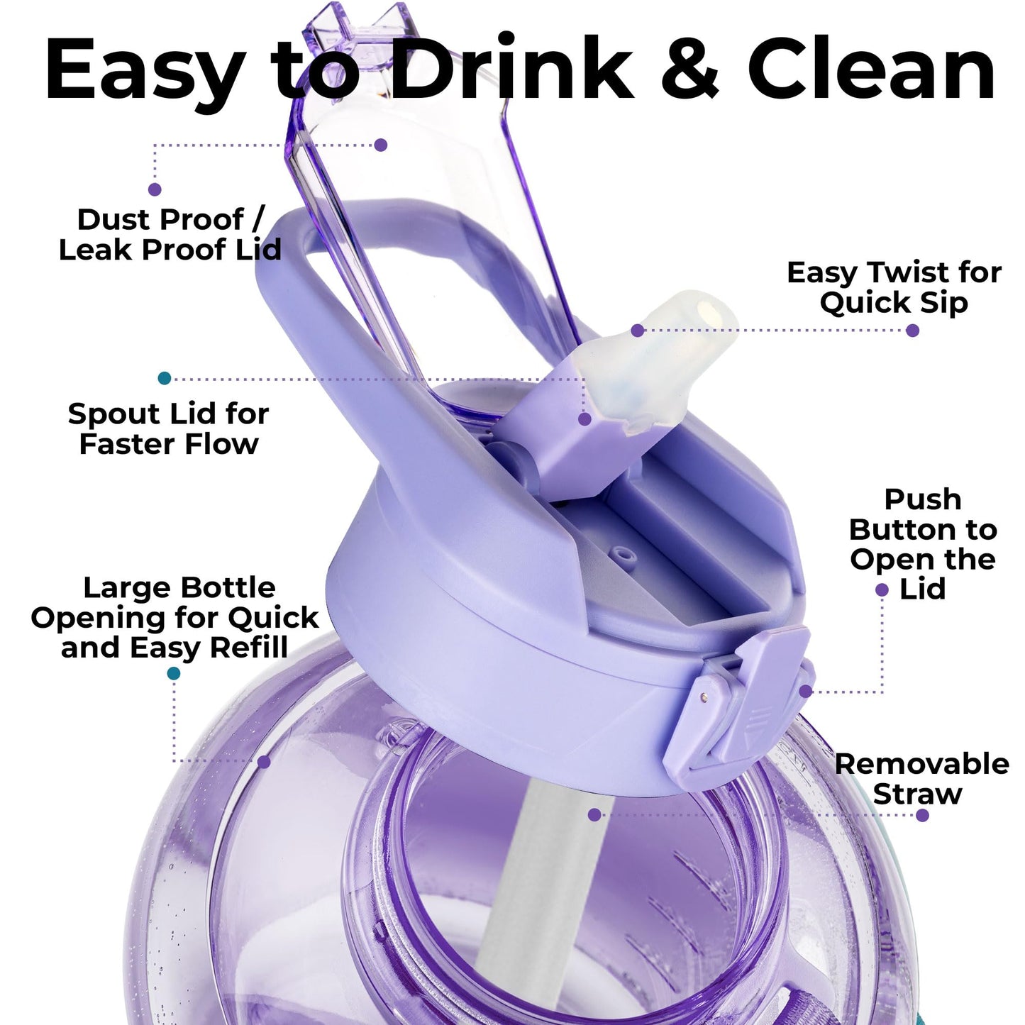 Half Gallon 2.2L Water Bottle With Straw Storage Sleeve 74oz