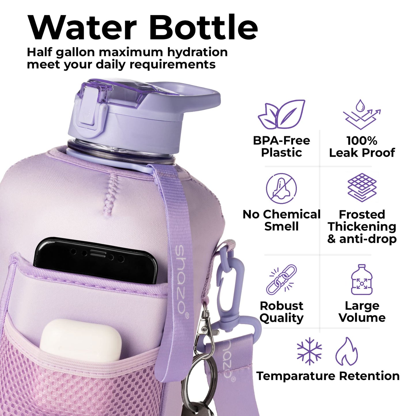 Half Gallon 2.2L Water Bottle With Straw Storage Sleeve 74oz