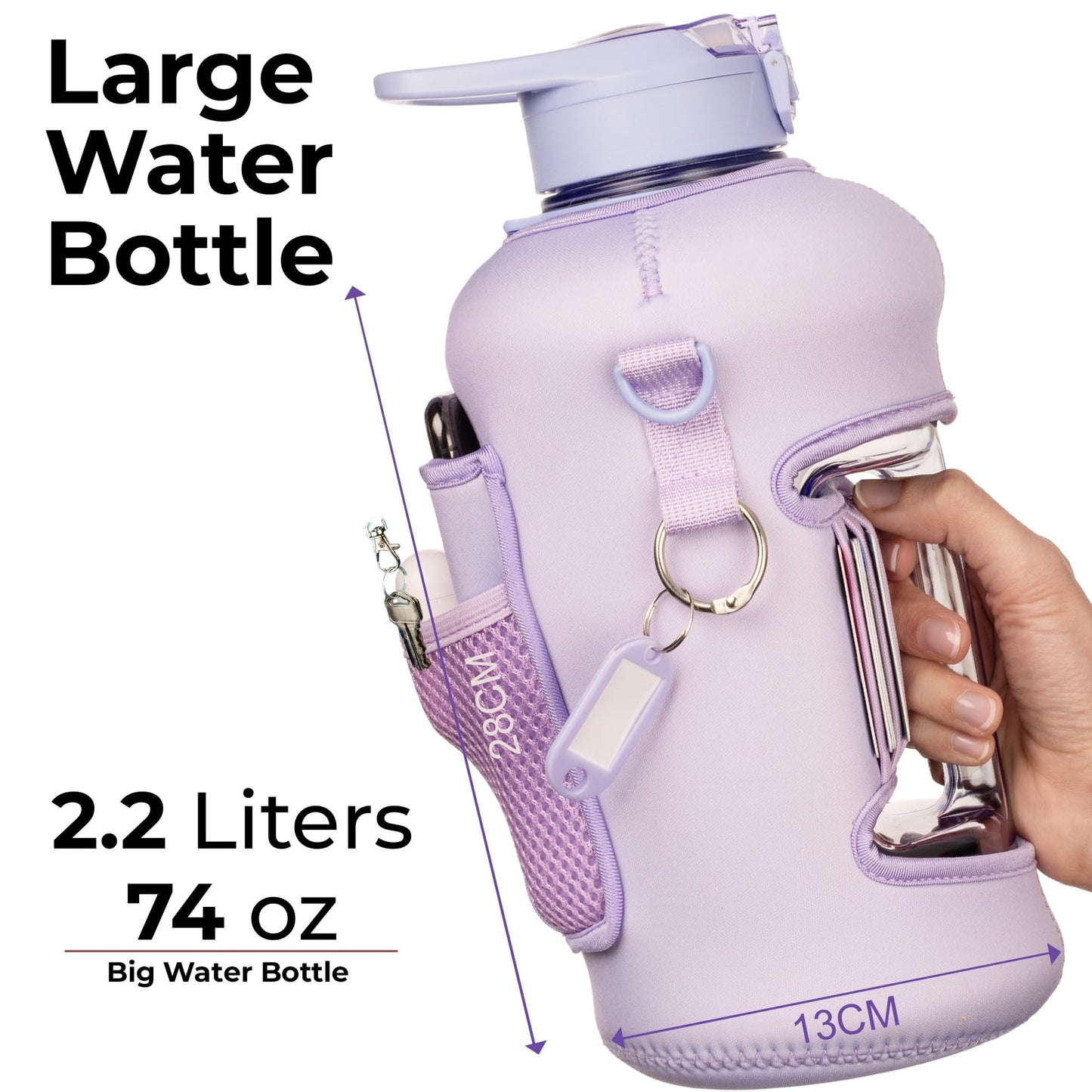 Half Gallon 2.2L Water Bottle With Straw Storage Sleeve 74oz
