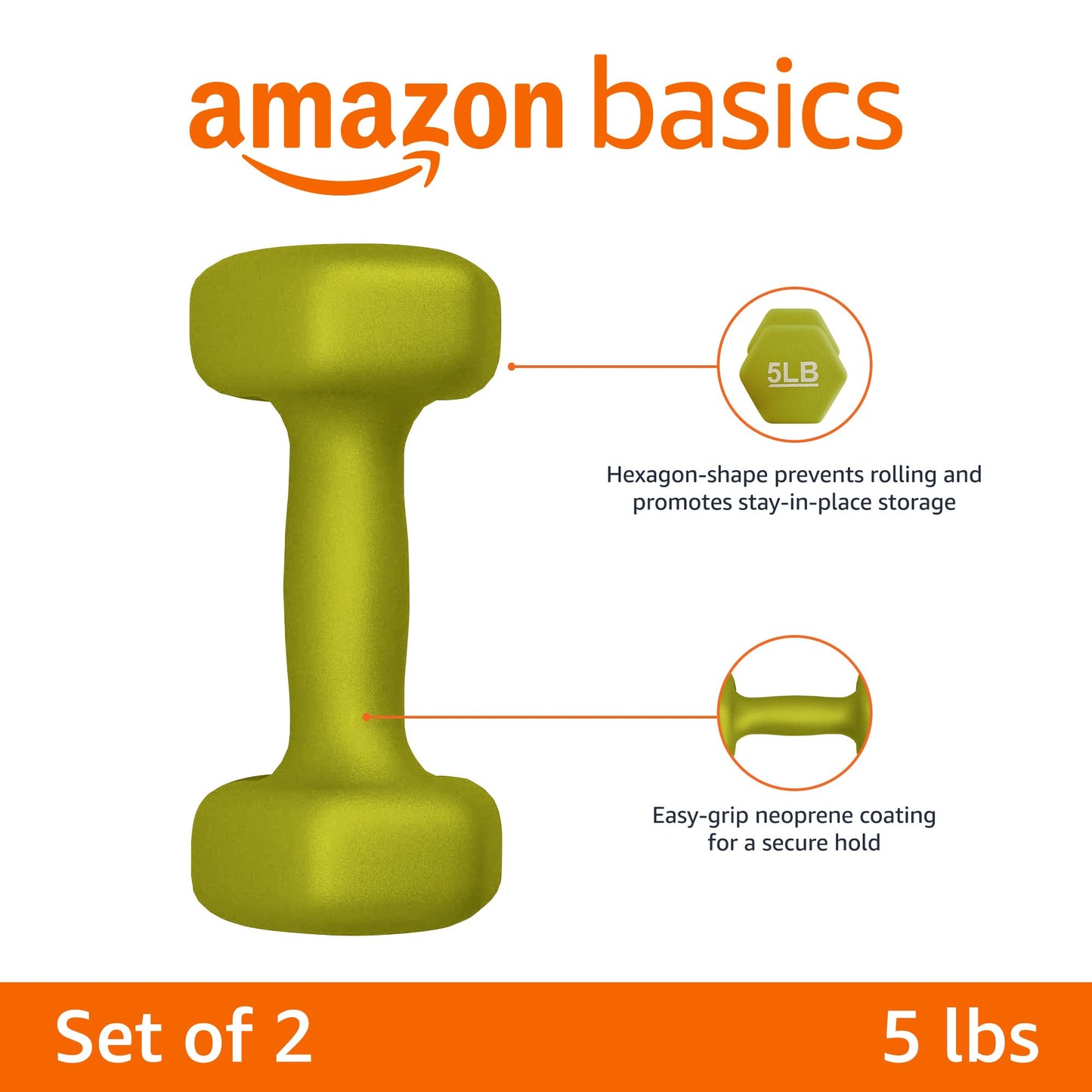 Amazon Basics Neoprene Coated Dumbbell Hand Weight Set, 5-Pound, Set of 2, 10 Pounds, 2.27 Kilograms, Green