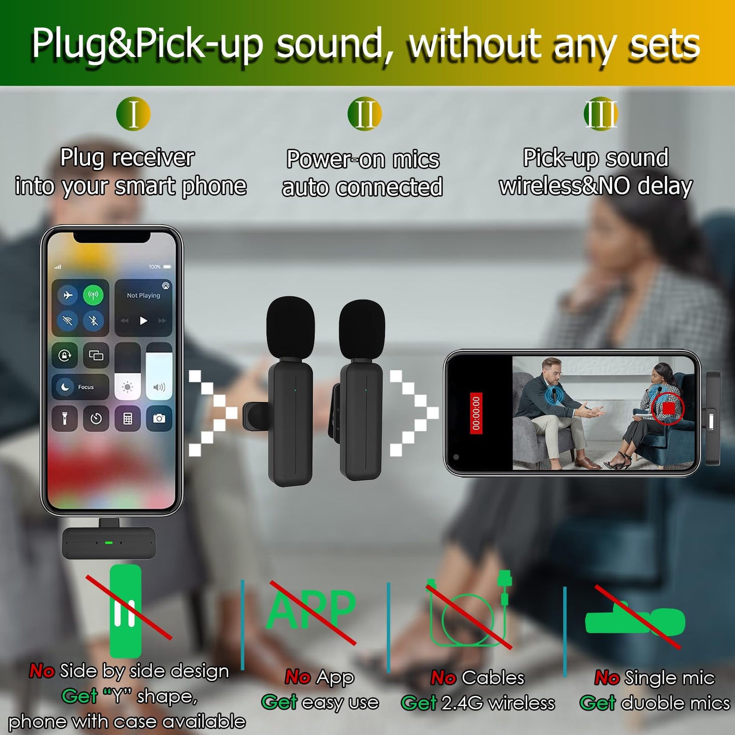 2 Pack Wireless Mini Lavalier Lapel Microphone for iPhone, Android Phone Mics with Noise Reduction