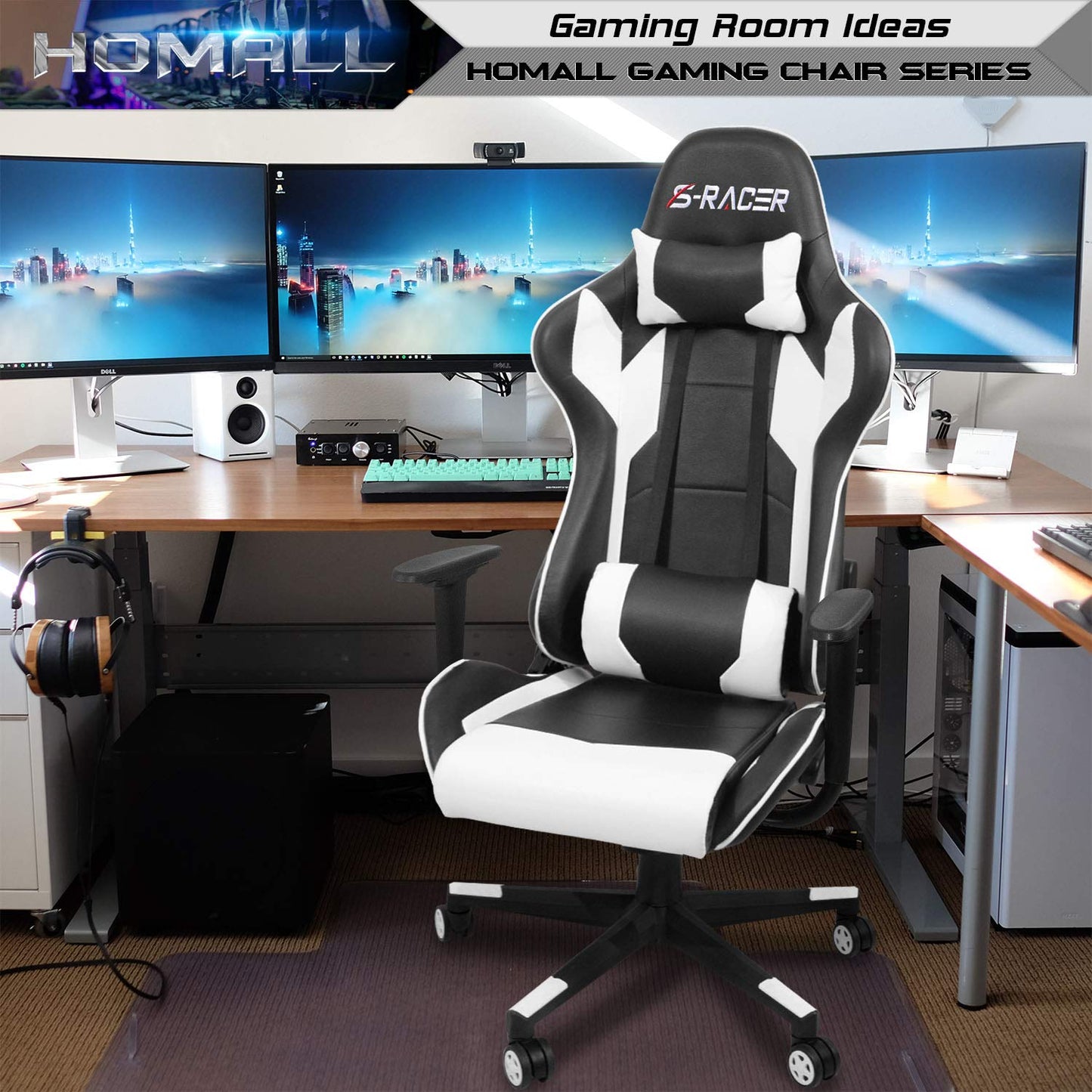 Gaming Chair, Office Chair High Back Computer Chair Leather Desk Chair Racing Executive Ergonomic Adjustable Swivel Task Chair with Headrest and Lumbar Support