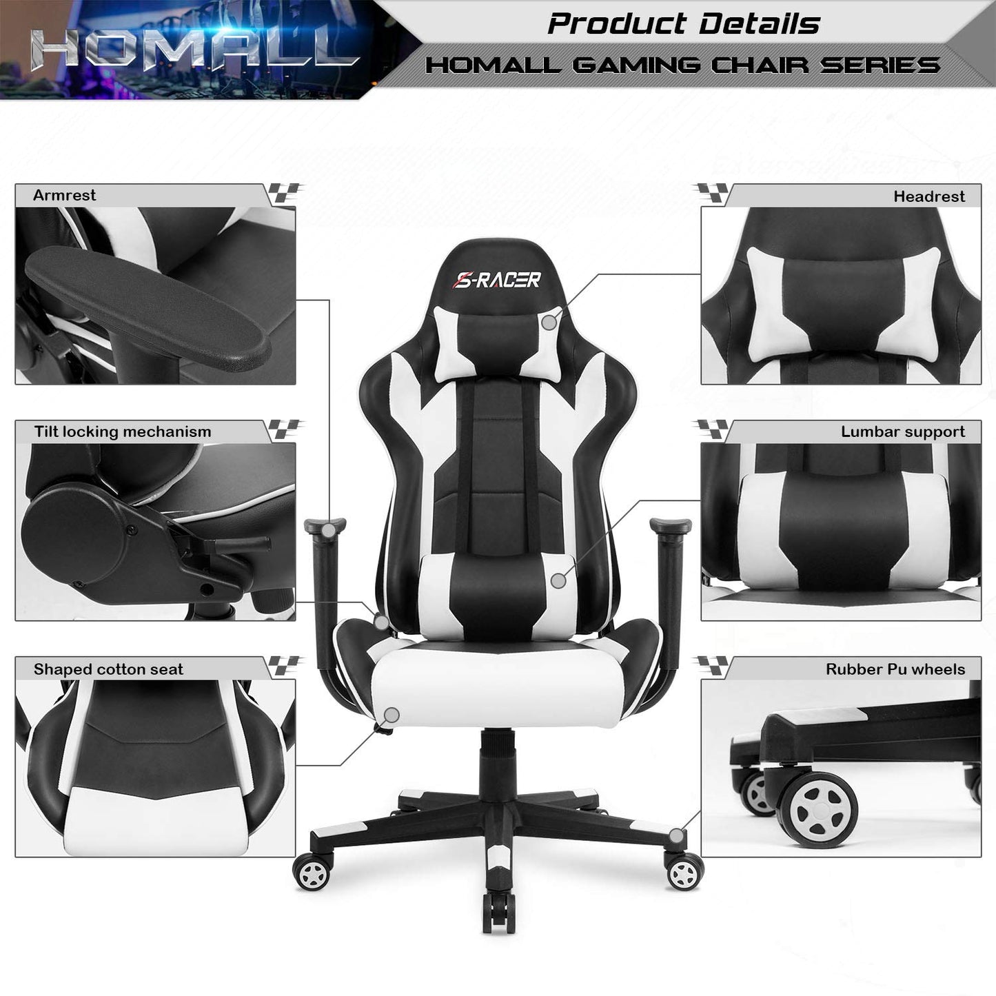 Gaming Chair, Office Chair High Back Computer Chair Leather Desk Chair Racing Executive Ergonomic Adjustable Swivel Task Chair with Headrest and Lumbar Support