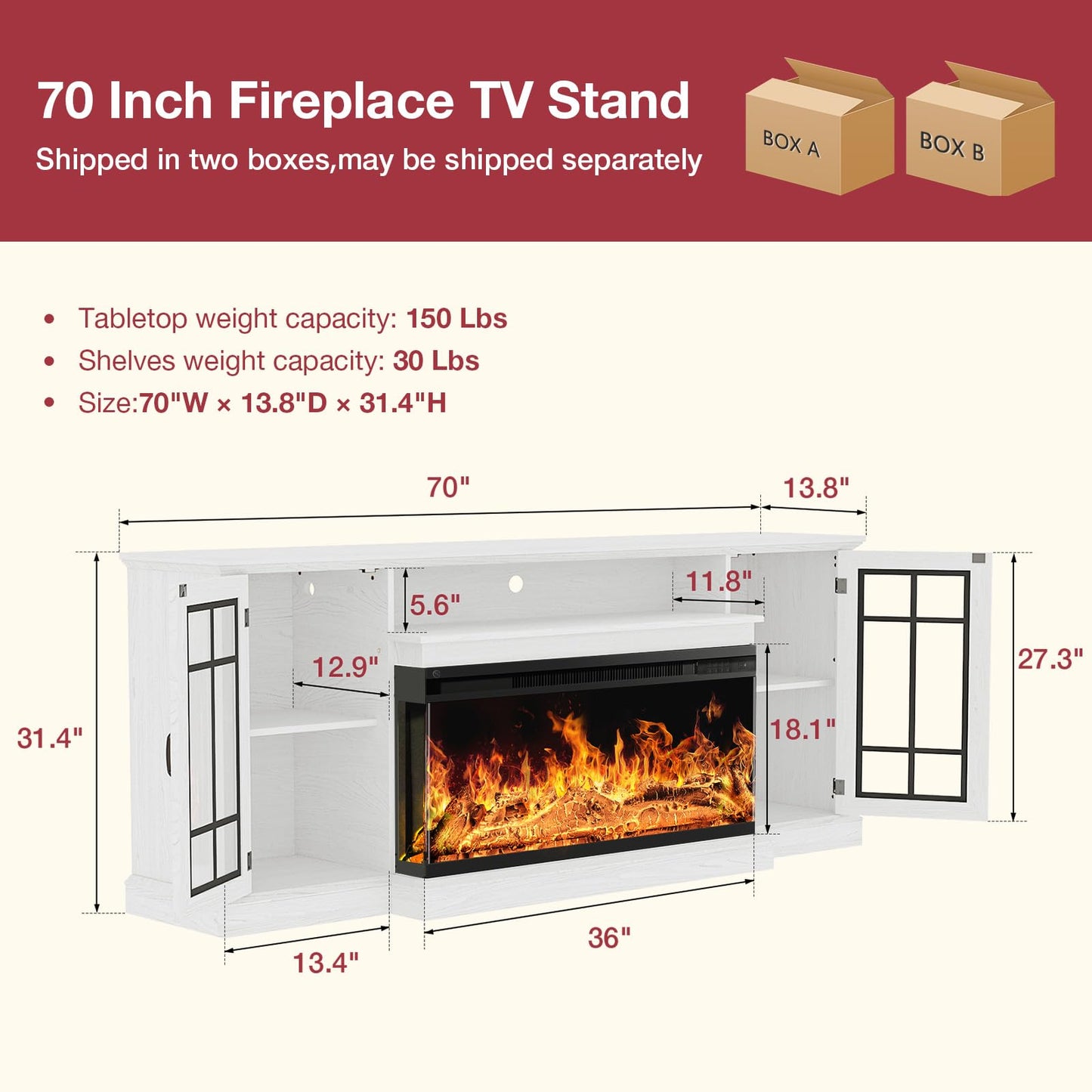 TV Stand for up to 80" 36 Inch 3-Sided Glass Fireplace TV , Rustic Media Entertainment Center Console Table with Glass Door Closed Storage
