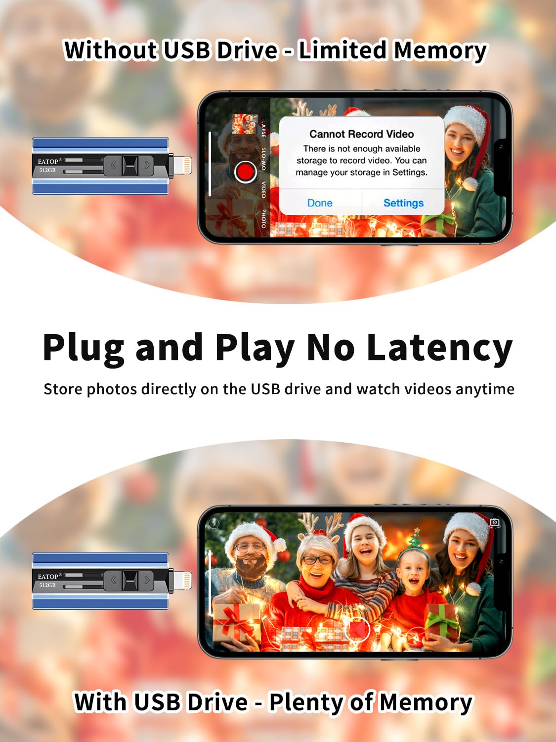 EATOP 512GB Flash Drive for iPhone and Androids, Plug and Play, No Application Required (Blue)