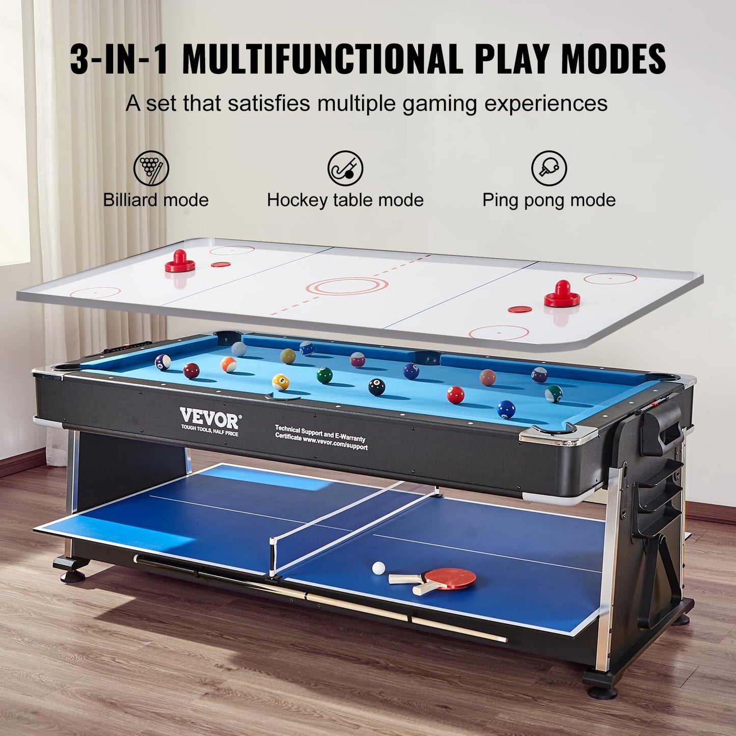 3-in-1 Rotating Swivel Multi Game Table with Air Hockey, Billiards/Pool, and Table Tennis, 88" Hockey Table for Game Room