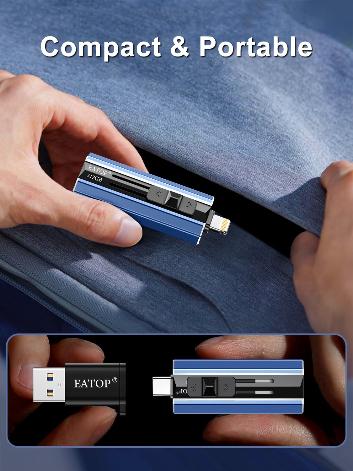 EATOP 512GB Flash Drive for iPhone and Androids, Plug and Play, No Application Required (Blue)