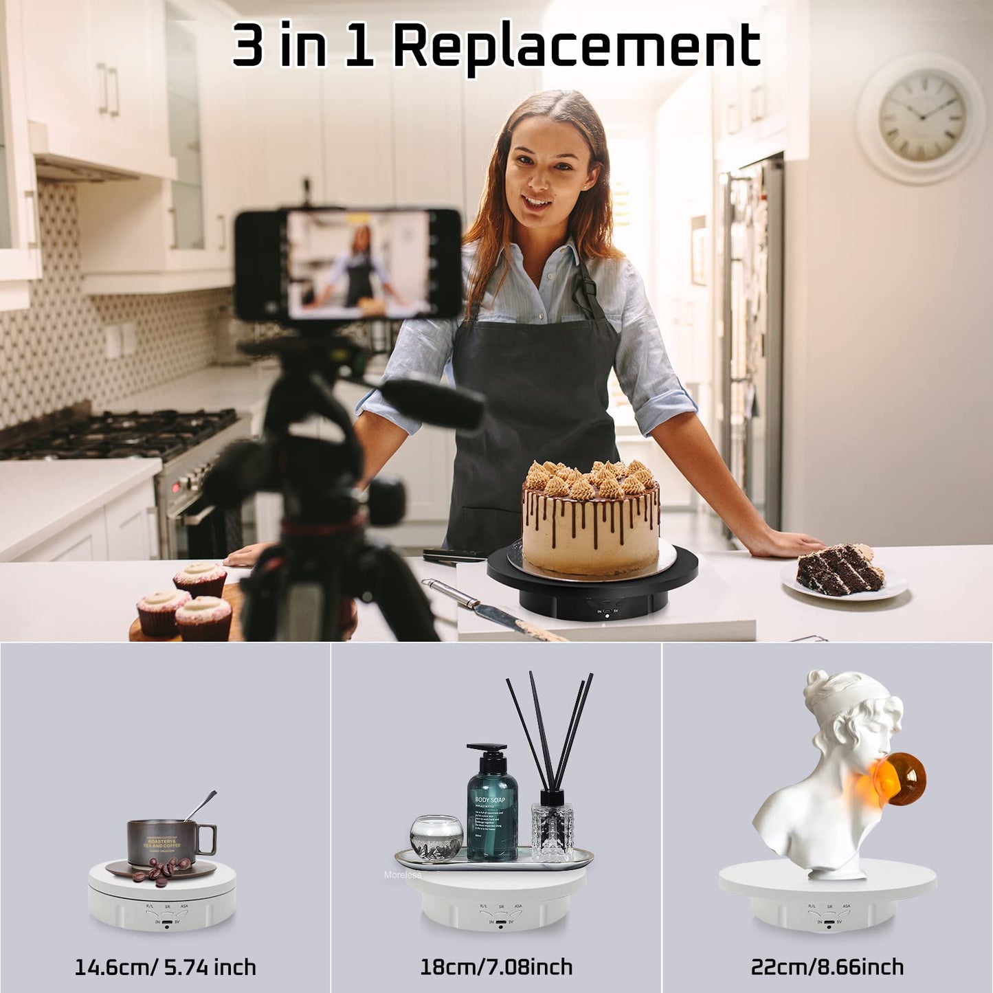 3 in1 Motorized Rotating Display Stand 5.74 /7.08/ 8.66 inch with Replacement 360 Electronic Turntable for Photography Products (3 in1 / Black/ With Remote controller)