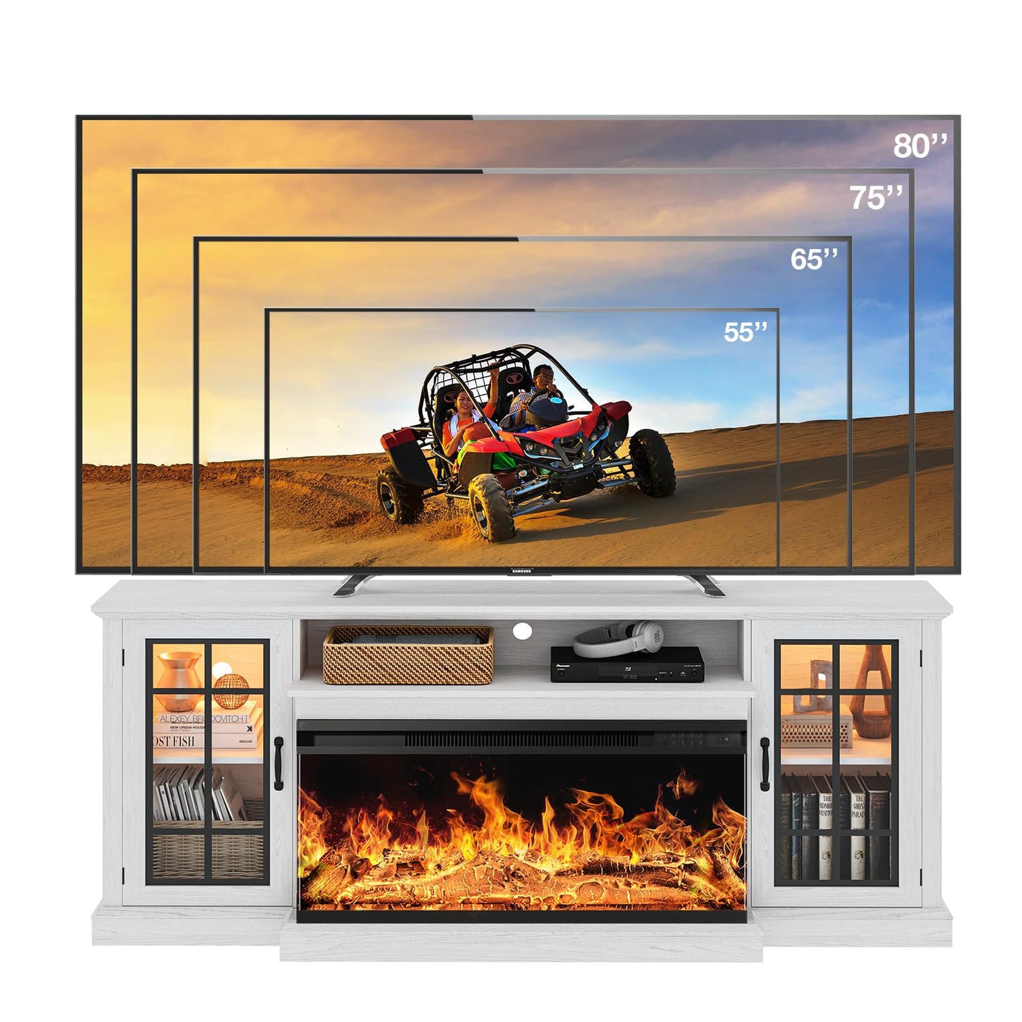 TV Stand for up to 80" 36 Inch 3-Sided Glass Fireplace TV , Rustic Media Entertainment Center Console Table with Glass Door Closed Storage