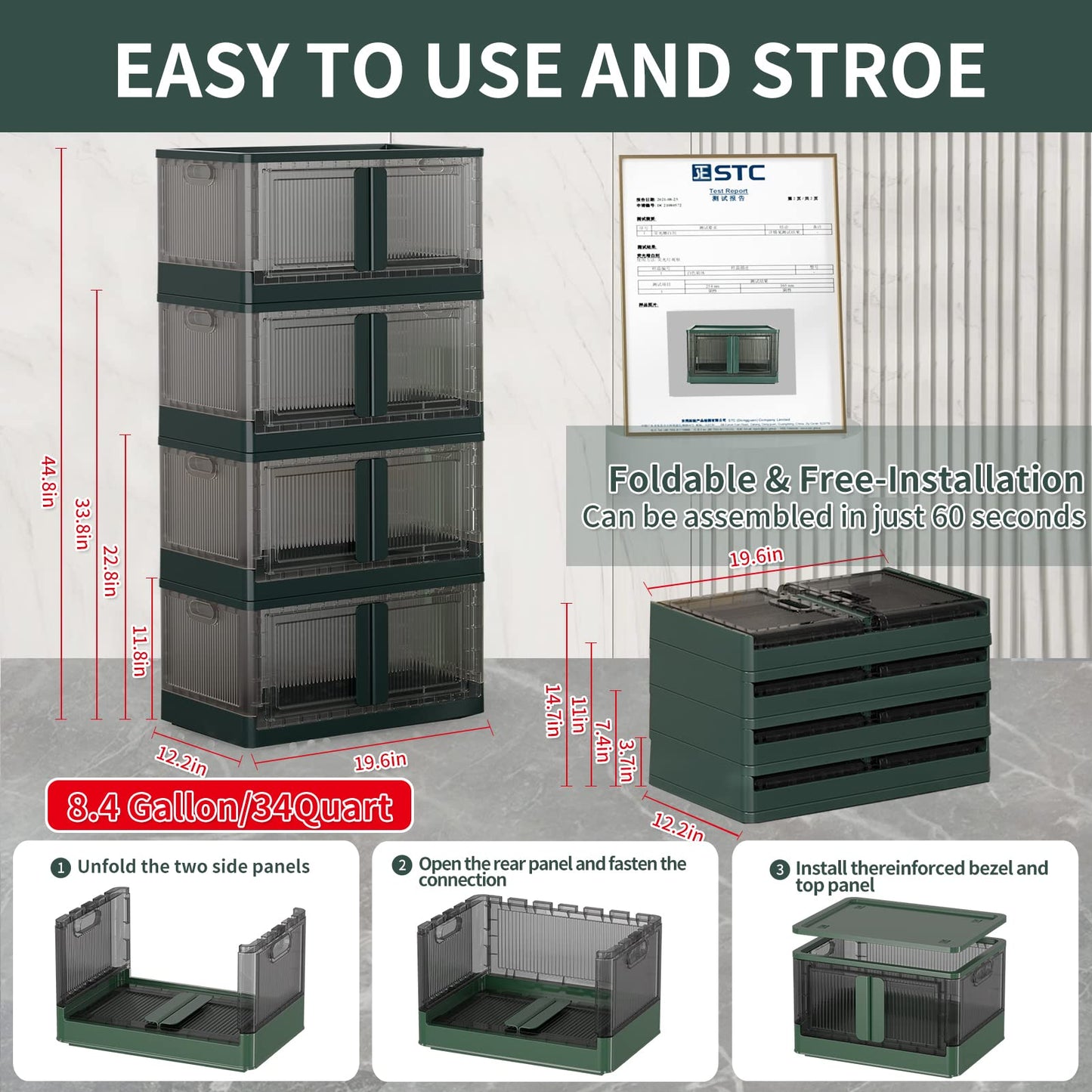 Storage Bins with Lids - 8.4 Gallon Collapsible Storage Bins with Wheels and Door, Stackable Storage Bins for Clothing, Blankets, Books, Bedding and Toys.(8.4Gal - 4Pack, Green)