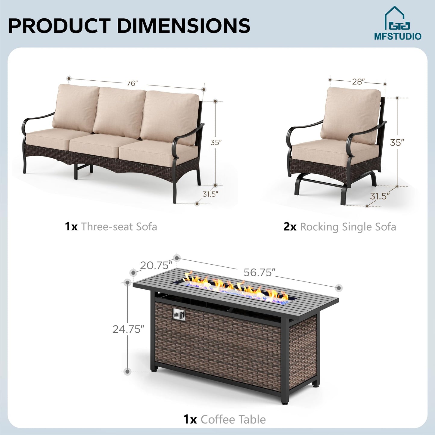 Outdoor Patio Furniture 4 Pieces Set, Metal Outdoor Conversation Sofa, Rattan Wicker Patio Sectional Sofa Set with 2 x Rocking Single Sofa, 3-Seat Sofa, 1 x Fire Pit Table, Beige