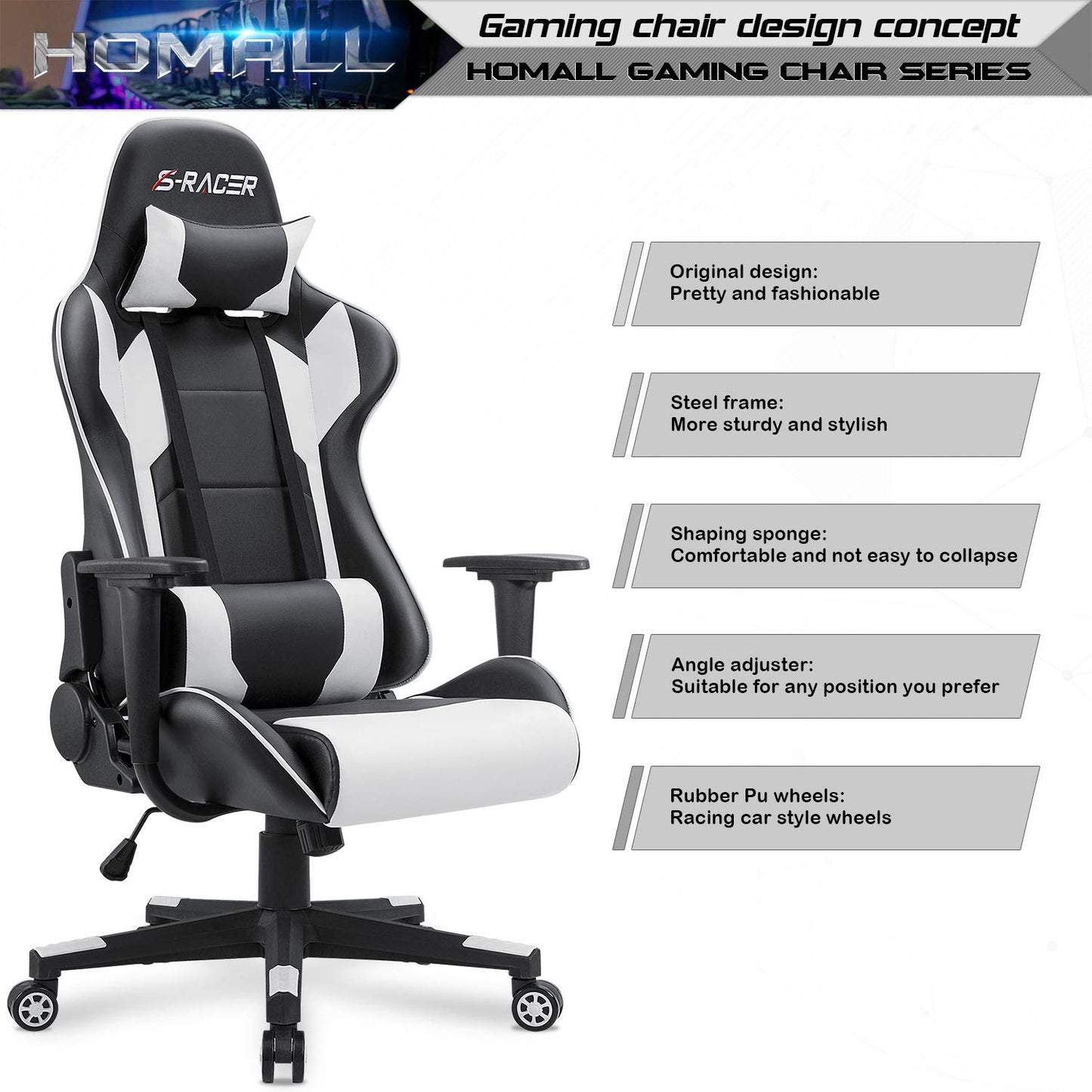 Gaming Chair, Office Chair High Back Computer Chair Leather Desk Chair Racing Executive Ergonomic Adjustable Swivel Task Chair with Headrest and Lumbar Support