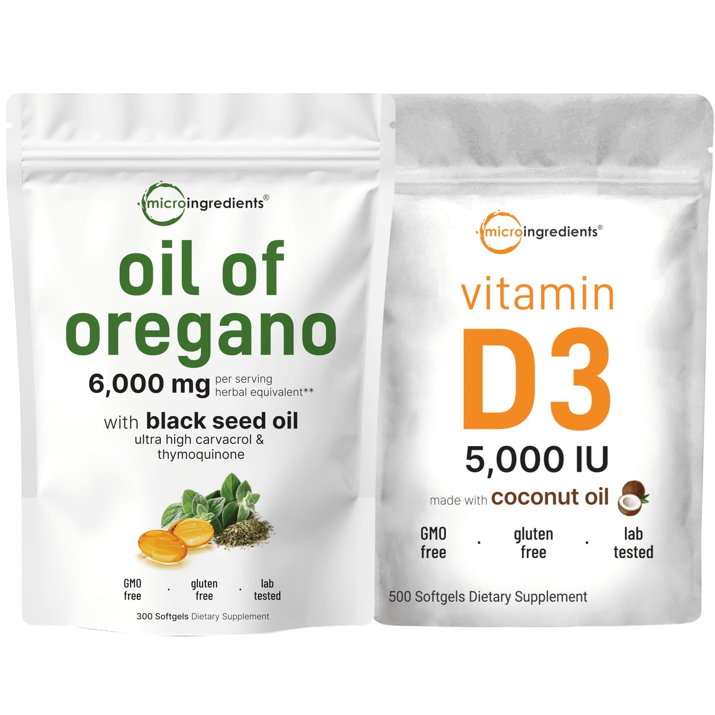 Oil of Oregano Bundle Pack 6,000mg Per Serving & Vitamin D3 5,000 IU 4X Strength Carvacrol & Thymoquinon Vitamin D as Cholecalciferol