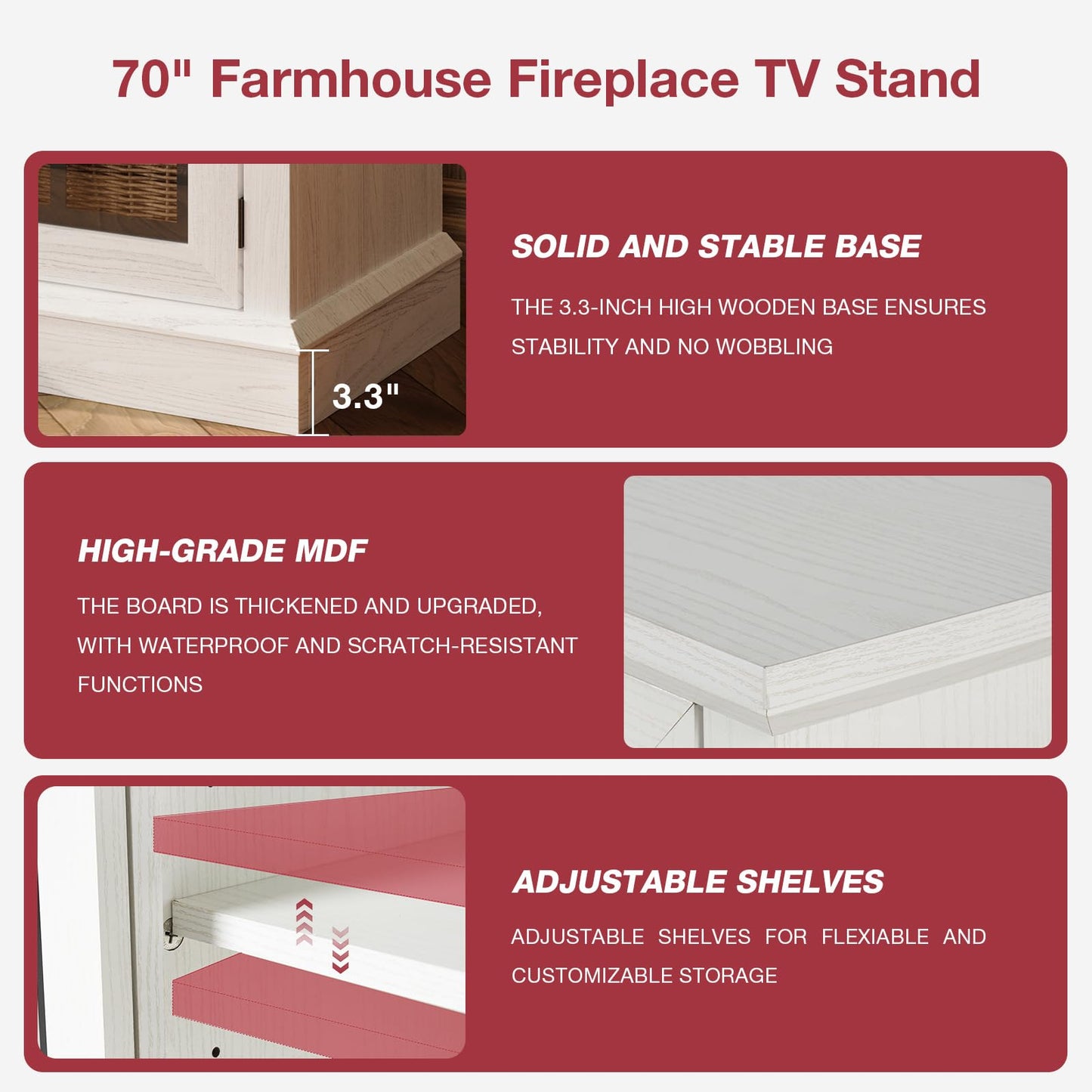 TV Stand for up to 80" 36 Inch 3-Sided Glass Fireplace TV , Rustic Media Entertainment Center Console Table with Glass Door Closed Storage