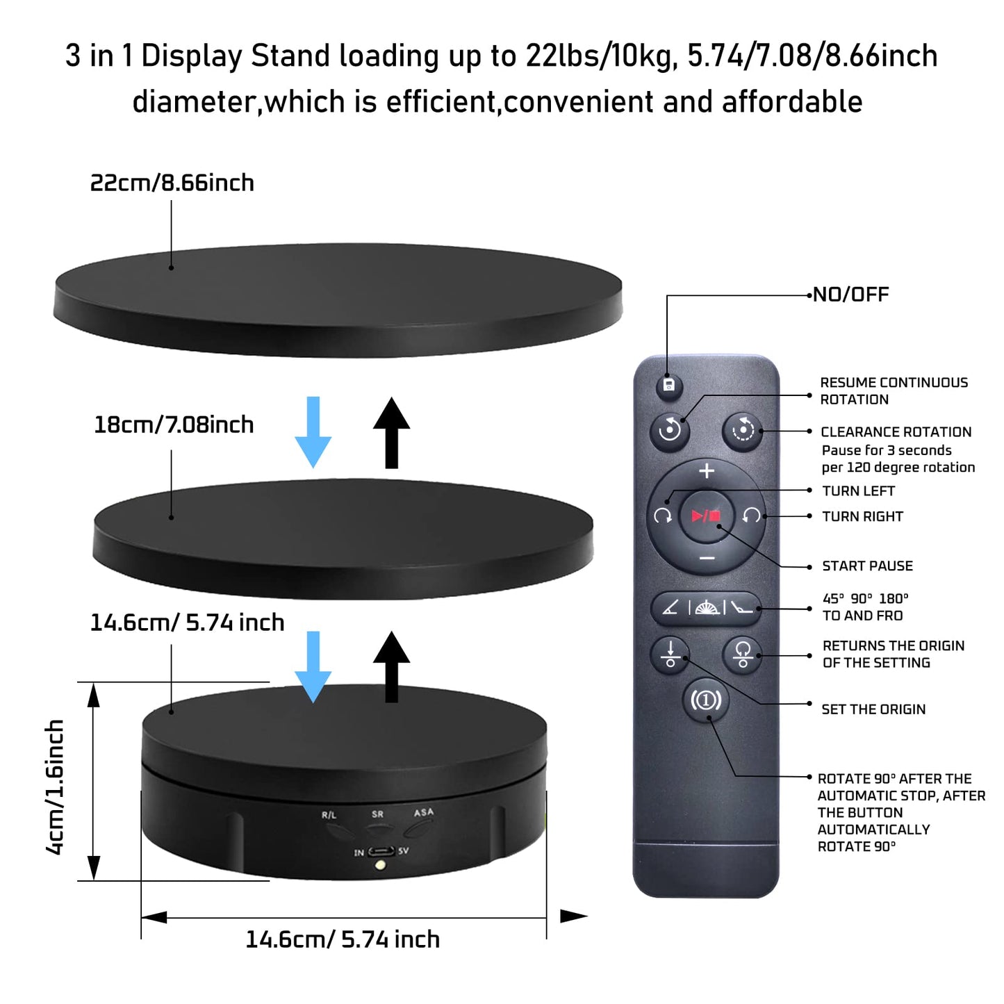 3 in1 Motorized Rotating Display Stand 5.74 /7.08/ 8.66 inch with Replacement 360 Electronic Turntable for Photography Products (3 in1 / Black/ With Remote controller)