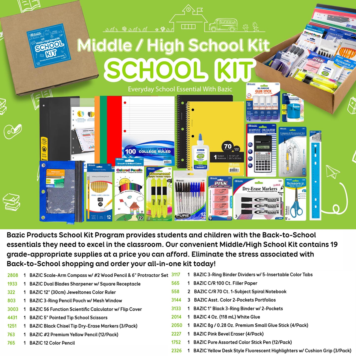 Middle High School Kit Supply Box 65 Count for Student 7-12 Grades, Composition Book Compass, COLOR MAY VARY, 1-Pack