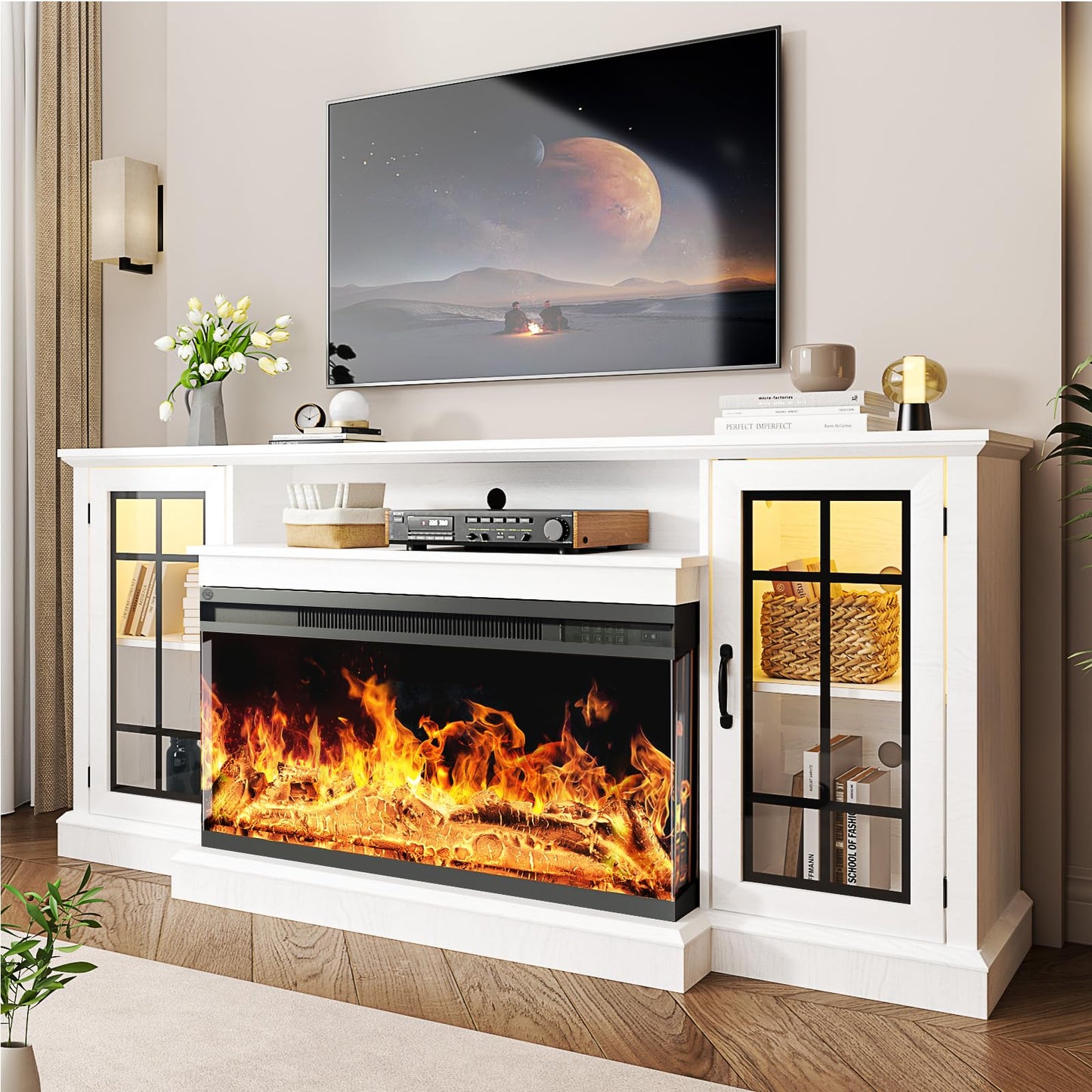 TV Stand for up to 80" 36 Inch 3-Sided Glass Fireplace TV , Rustic Media Entertainment Center Console Table with Glass Door Closed Storage