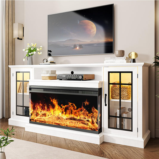 TV Stand for up to 80" 36 Inch 3-Sided Glass Fireplace TV , Rustic Media Entertainment Center Console Table with Glass Door Closed Storage
