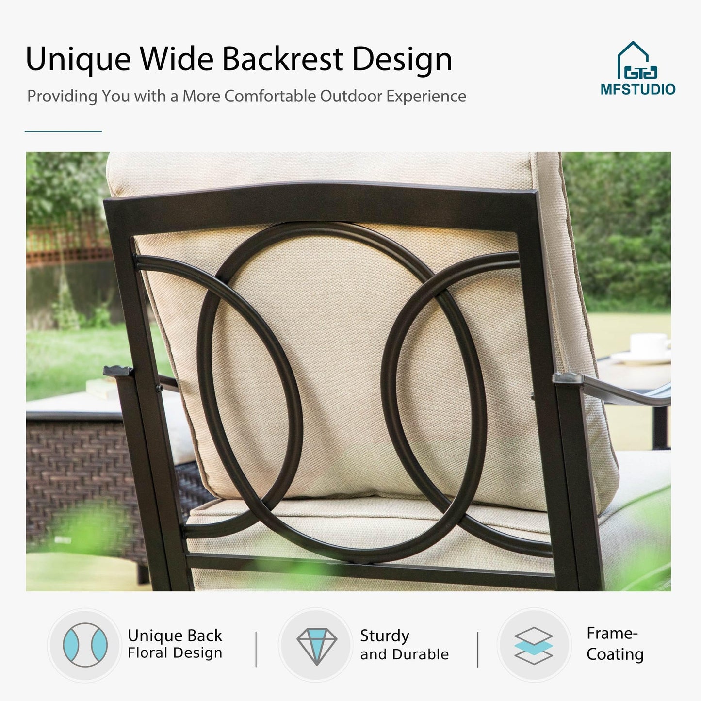 Outdoor Patio Furniture 4 Pieces Set, Metal Outdoor Conversation Sofa, Rattan Wicker Patio Sectional Sofa Set with 2 x Rocking Single Sofa, 3-Seat Sofa, 1 x Fire Pit Table, Beige