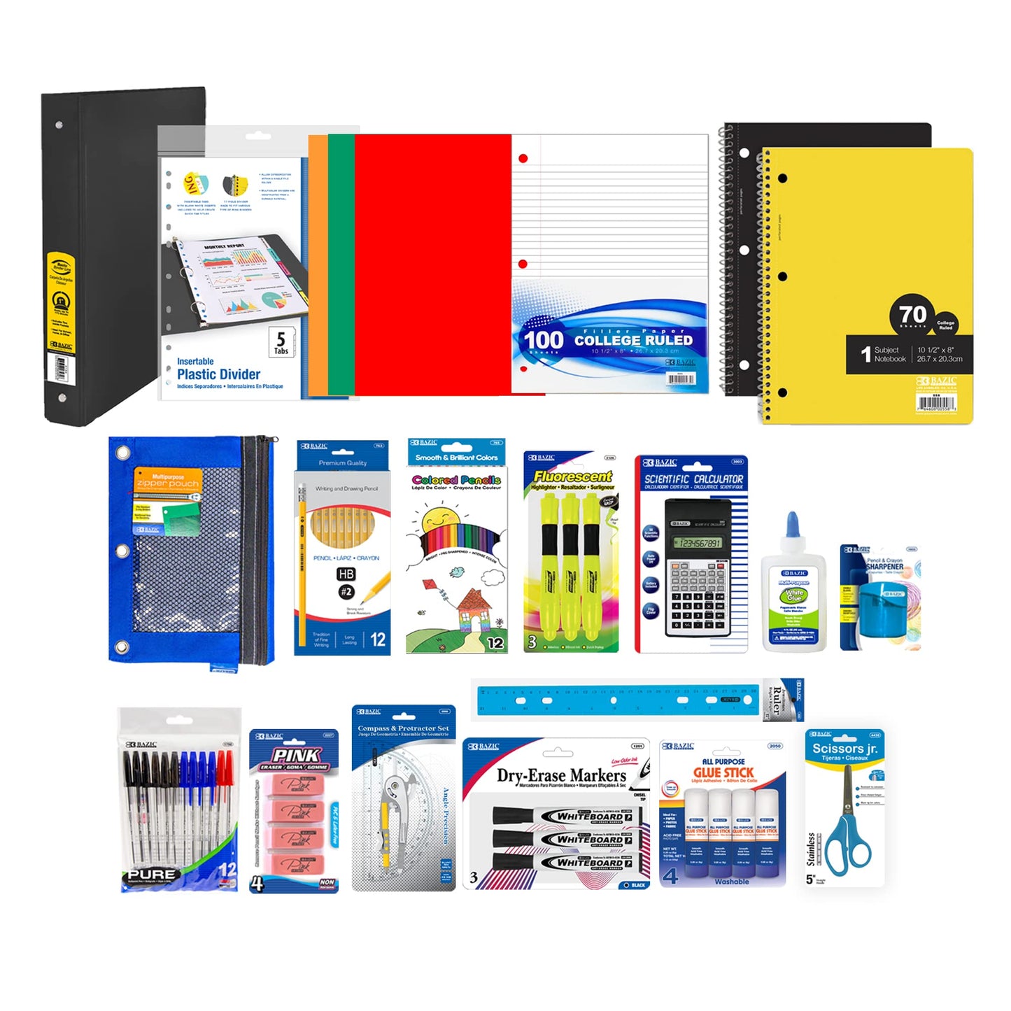 Middle High School Kit Supply Box 65 Count for Student 7-12 Grades, Composition Book Compass, COLOR MAY VARY, 1-Pack