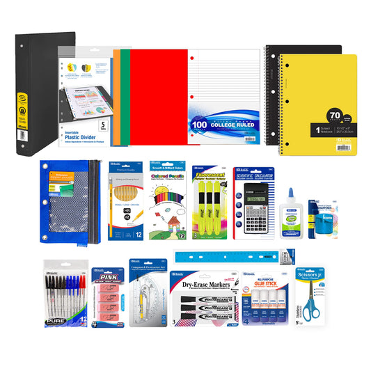 Middle High School Kit Supply Box 65 Count for Student 7-12 Grades, Composition Book Compass, COLOR MAY VARY, 1-Pack