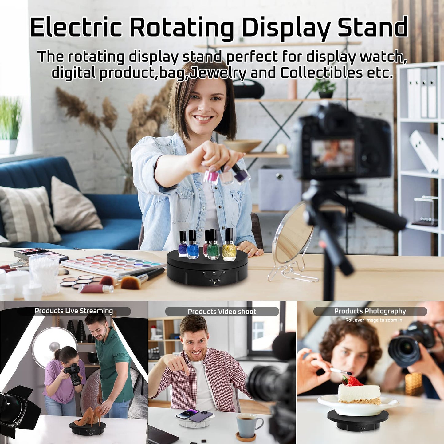 3 in1 Motorized Rotating Display Stand 5.74 /7.08/ 8.66 inch with Replacement 360 Electronic Turntable for Photography Products (3 in1 / Black/ With Remote controller)