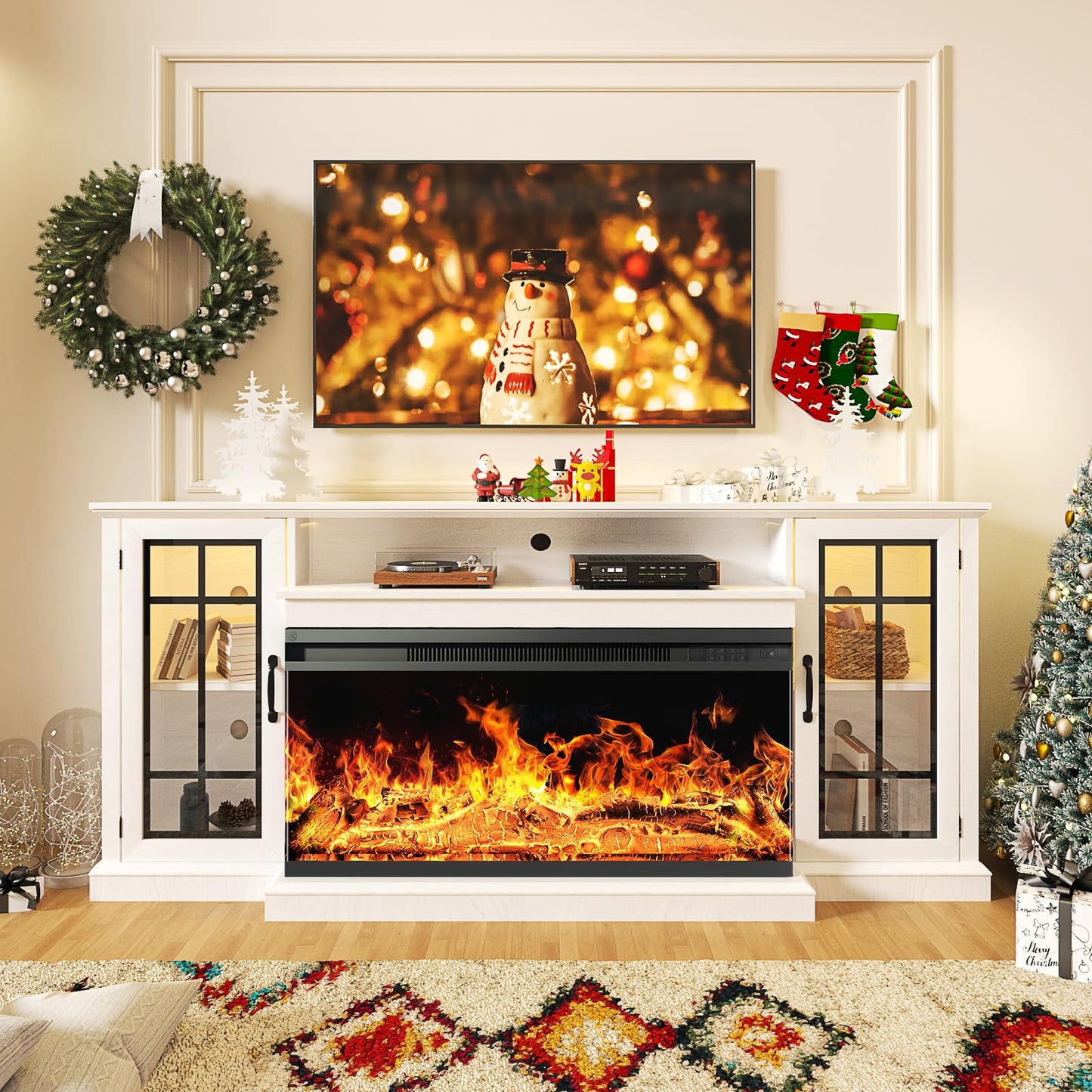 TV Stand for up to 80" 36 Inch 3-Sided Glass Fireplace TV , Rustic Media Entertainment Center Console Table with Glass Door Closed Storage