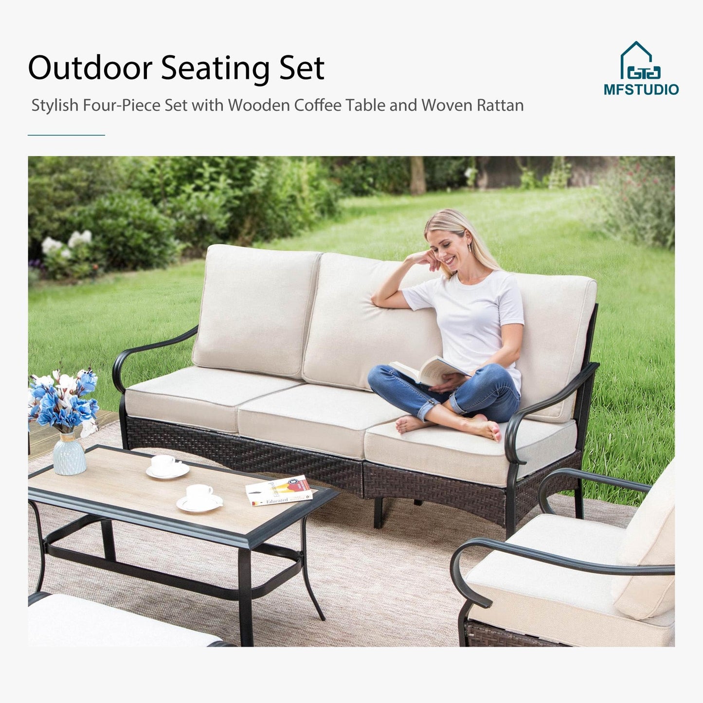 Outdoor Patio Furniture 4 Pieces Set, Metal Outdoor Conversation Sofa, Rattan Wicker Patio Sectional Sofa Set with 2 x Rocking Single Sofa, 3-Seat Sofa, 1 x Fire Pit Table, Beige