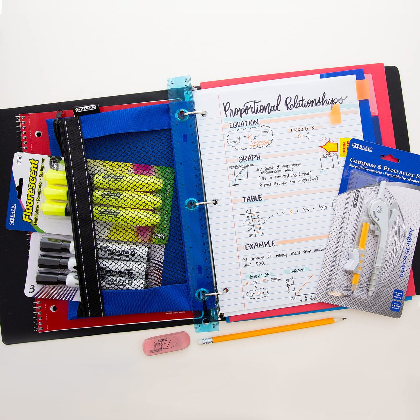 Middle High School Kit Supply Box 65 Count for Student 7-12 Grades, Composition Book Compass, COLOR MAY VARY, 1-Pack