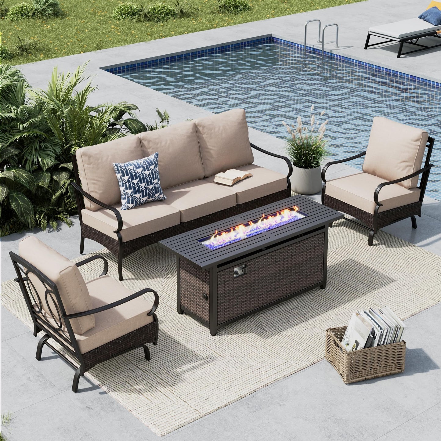 Outdoor Patio Furniture 4 Pieces Set, Metal Outdoor Conversation Sofa, Rattan Wicker Patio Sectional Sofa Set with 2 x Rocking Single Sofa, 3-Seat Sofa, 1 x Fire Pit Table, Beige