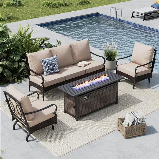 Outdoor Patio Furniture 4 Pieces Set, Metal Outdoor Conversation Sofa, Rattan Wicker Patio Sectional Sofa Set with 2 x Rocking Single Sofa, 3-Seat Sofa, 1 x Fire Pit Table, Beige