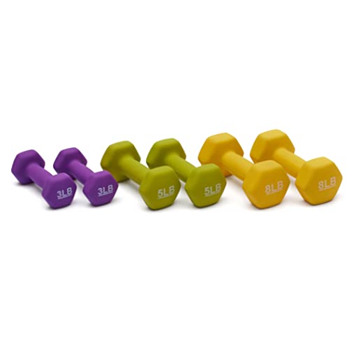 Amazon Basics Neoprene Coated Hexagon Workout Dumbbell Color-Coded Hand Weight With Storage Rack, 32-Pound Set with Stand, Set of 2 (3 Pound, 5 Pound, and 8 Pound), Multicolor, 6 Count