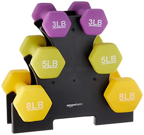 Amazon Basics Neoprene Coated Hexagon Workout Dumbbell Color-Coded Hand Weight With Storage Rack, 32-Pound Set with Stand, Set of 2 (3 Pound, 5 Pound, and 8 Pound), Multicolor, 6 Count