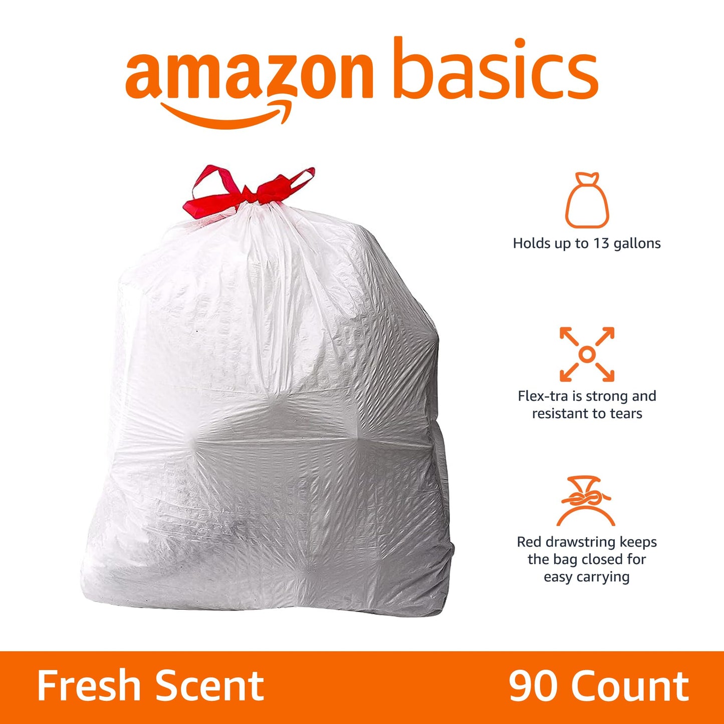 Amazon Basics Flextra Tall Kitchen Drawstring Trash Bags, Fresh Scent, 13 Gallon, 90 Count