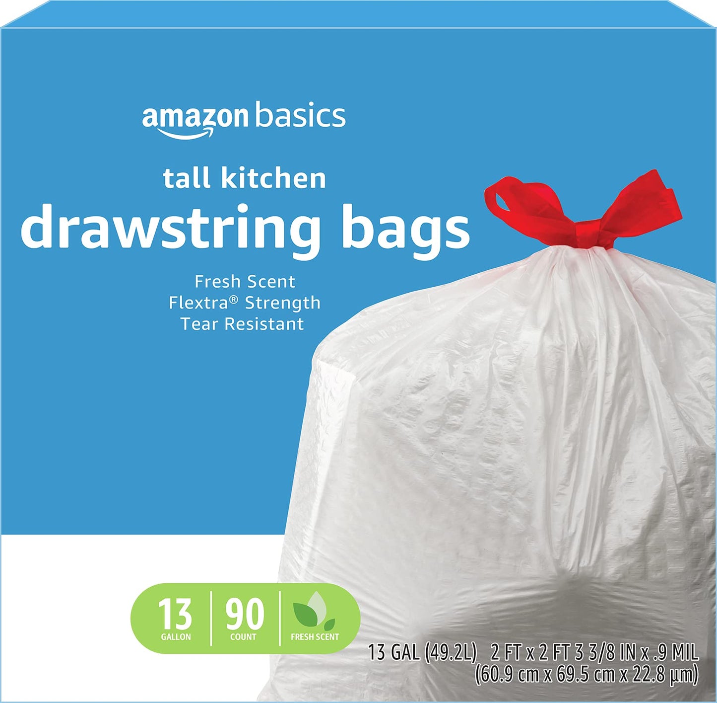 Amazon Basics Flextra Tall Kitchen Drawstring Trash Bags, Fresh Scent, 13 Gallon, 90 Count